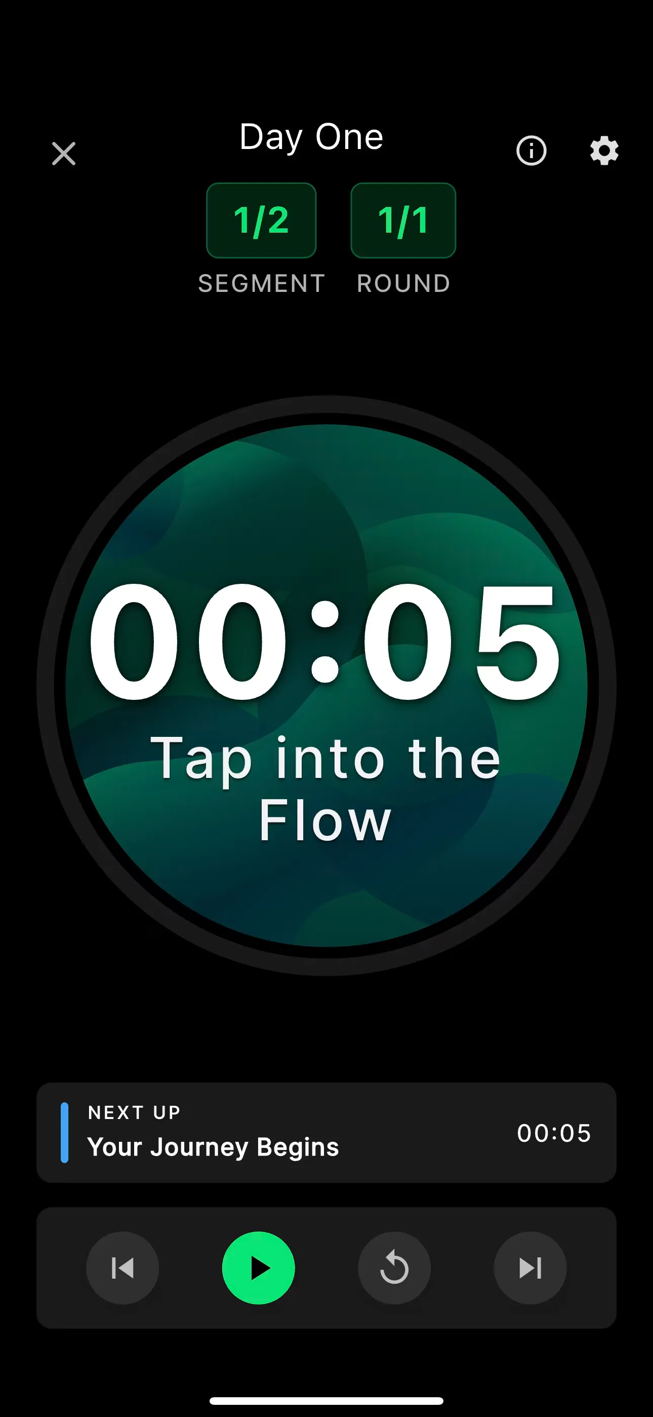TapFlow BJJ timer app interface showing a round in progress.